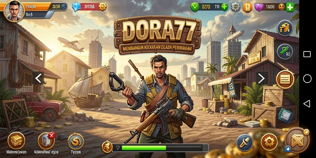 Screenshot gameplay DORA77 yang menunjukkan pembangunan bisnis yang sukses.