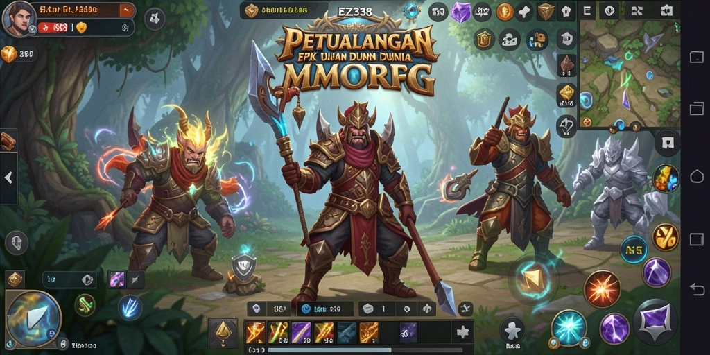 Screenshot utama EZ338 yang menunjukkan pertarungan epik di dunia MMORPG.