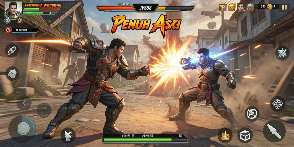 Screenshot JVS88 menampilkan pertarungan epik antar karakter yang penuh aksi.