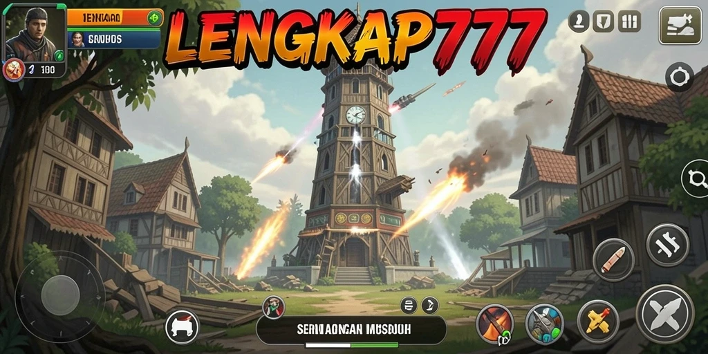 Tampilan gameplay LENGKAP777 dengan menara yang siap bertahan.