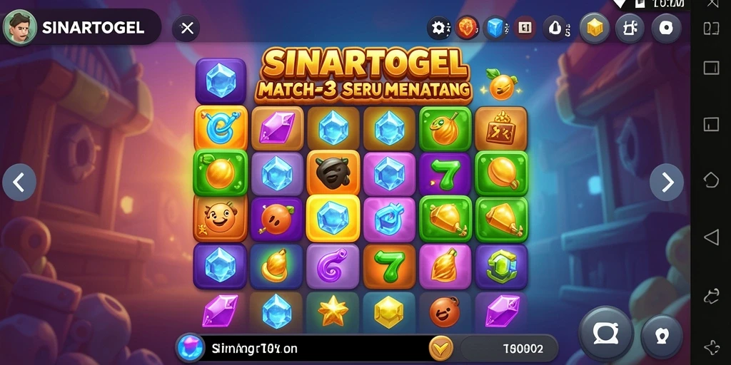 Screenshot gameplay <strong>SINARTOGEL</strong> menampilkan momen mencocokkan permata yang penuh warna.