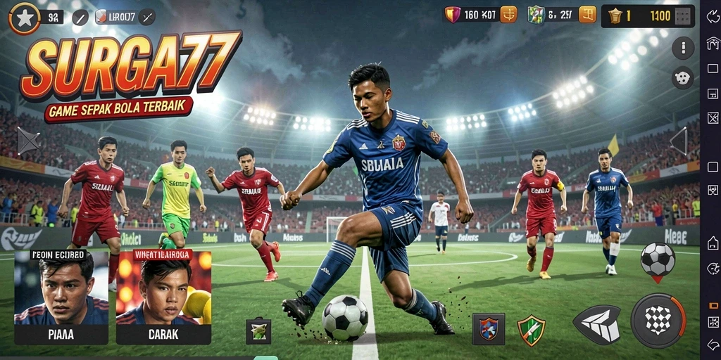 Screenshot gameplay SURGA77 menampilkan aksi pertandingan sepak bola yang mendebarkan.